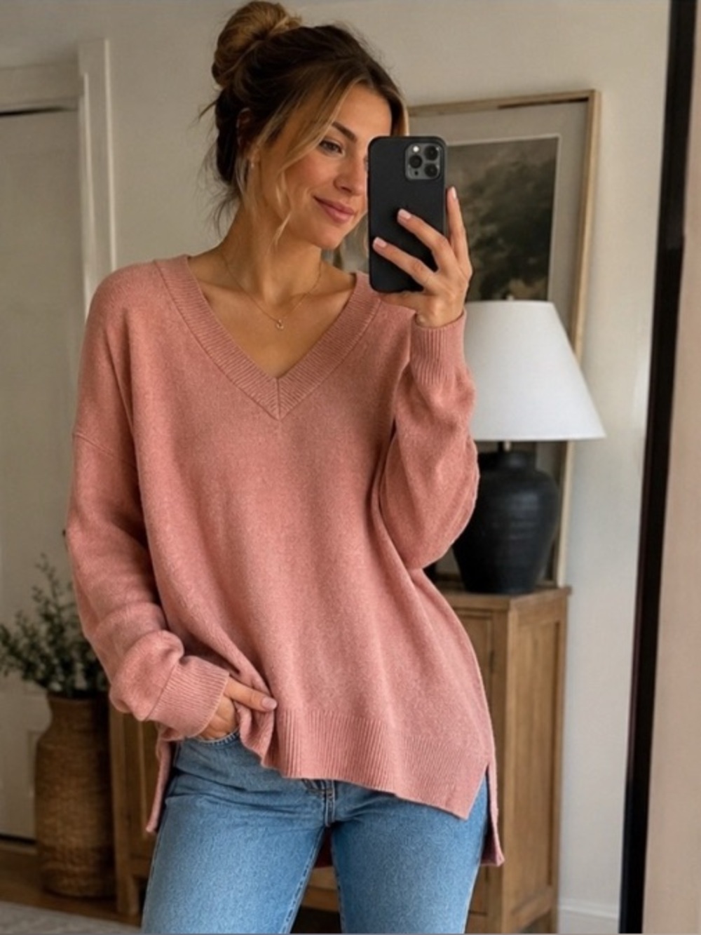Banana Republic Pink Oversized V-Neck Sweater Hi-Low Hem Soft Knit Tunic Size L
